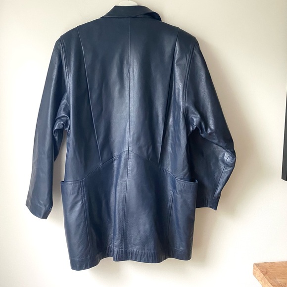 Leather navy blue blazer jacket - Picture 14 of 16